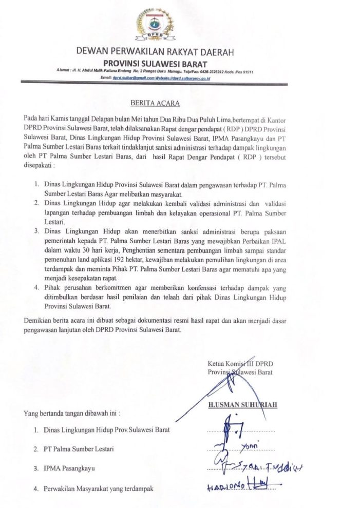 
					Ketua Komisi III, Siap Kawal Hasil RDP : Pemberian Sanksi Pada Perusahaan Pencemar Lingkungan.